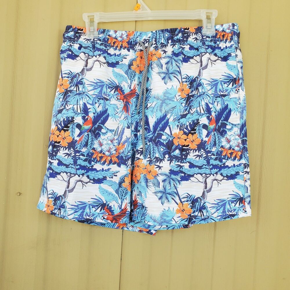 Biwisy Mens Tropical Mesh-Lined Elastic Drawstring Swim Trunks Blue Size Medium
